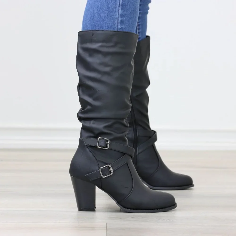 Black Mid Calf Block Heeled Boots Synthetic Leather Pointed Toe Womens - Picture 2 of 15